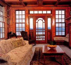 Watch Island cabin, mahogany windows.